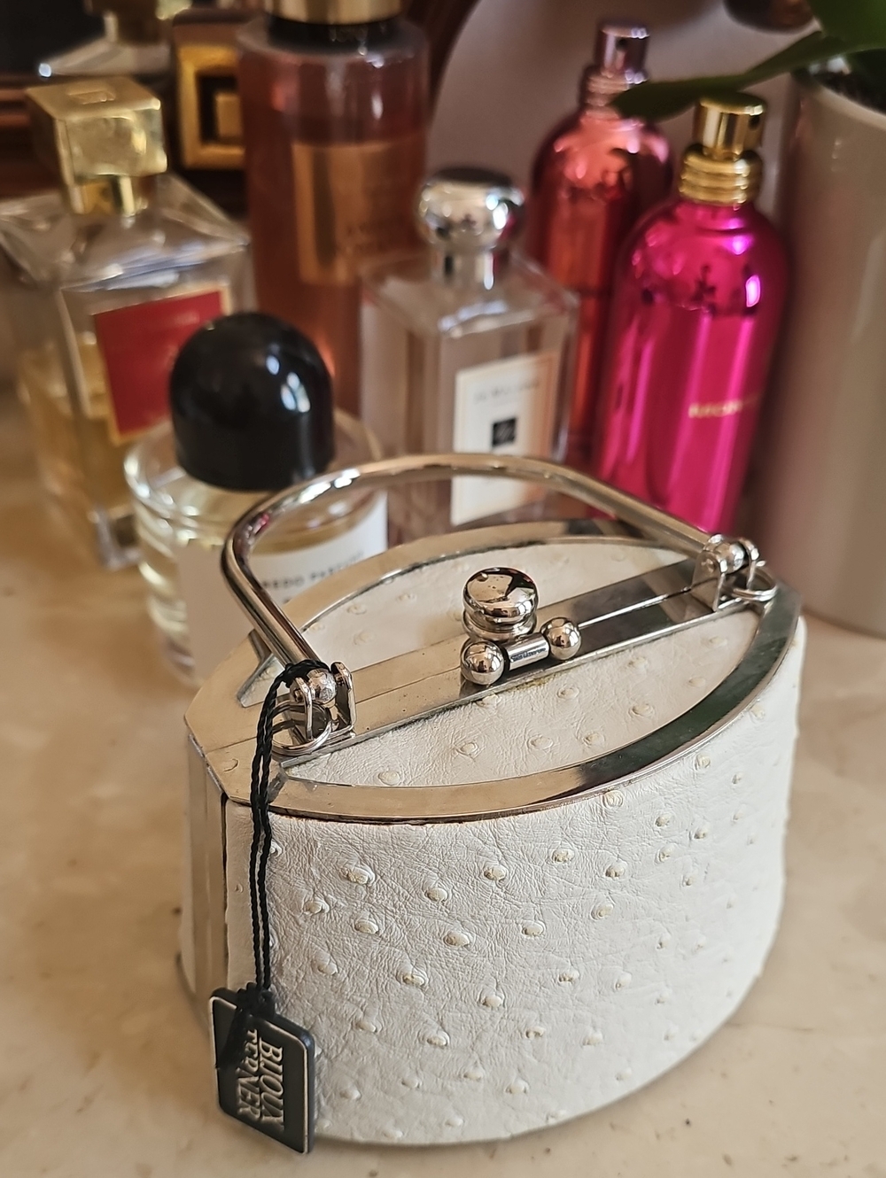 Bijoux Terner White Ostrich-Texture Top Handle Bag